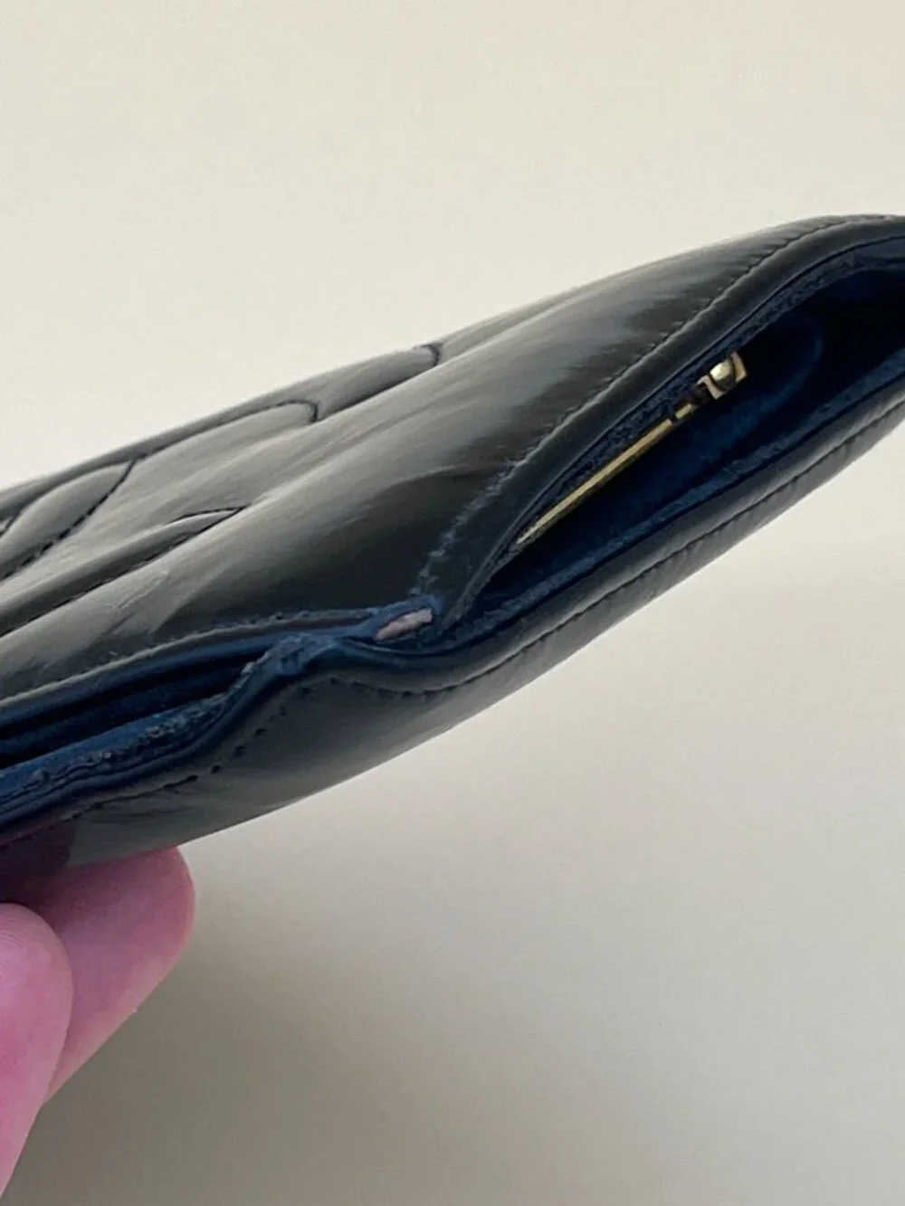 Title: CHANEL Vintage Black Patent Leather CC Logo Long Wallet Kisslock Coin Mad